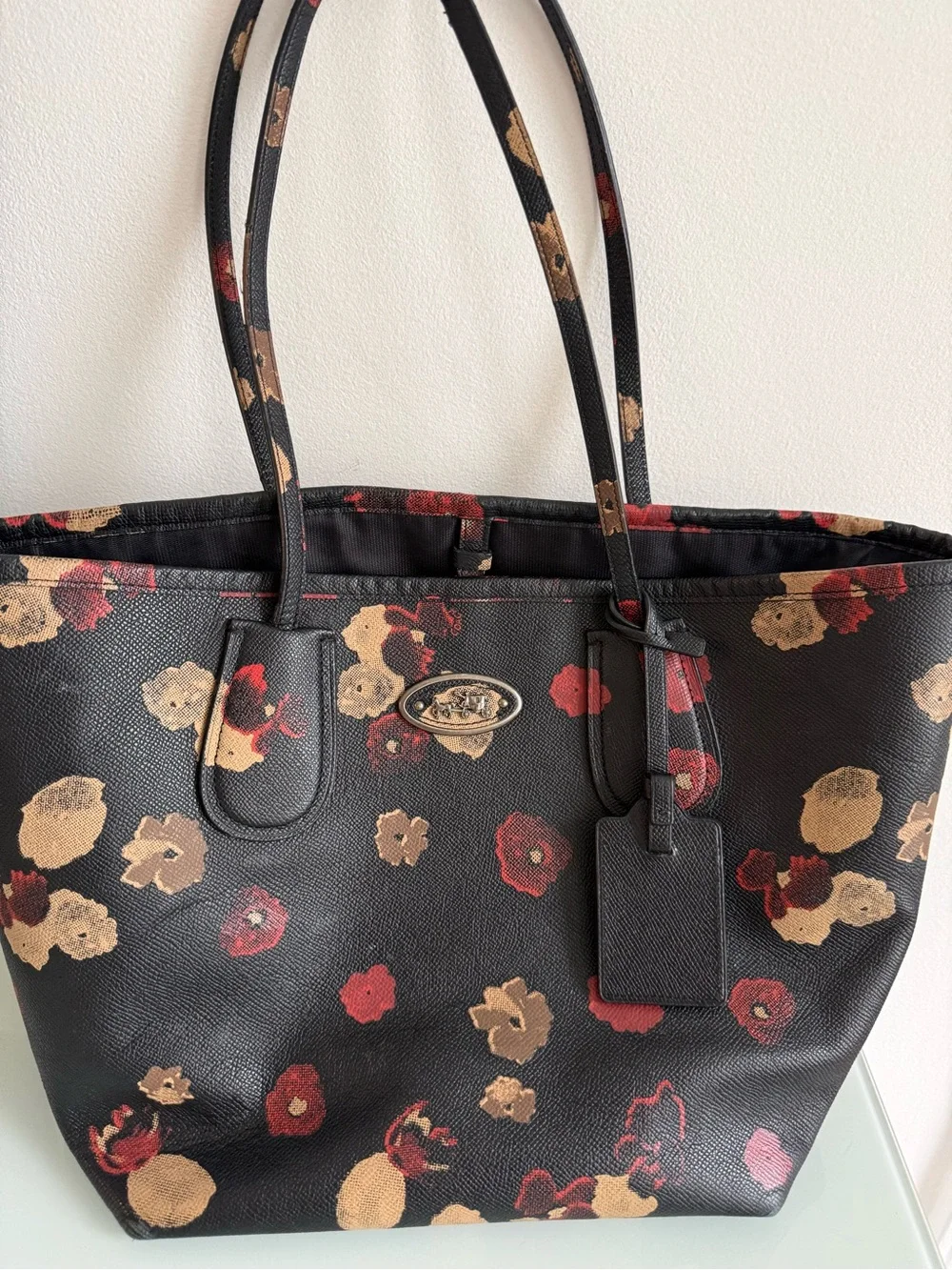 Coach Black Floral Tote with Red and Tan Bloom Print